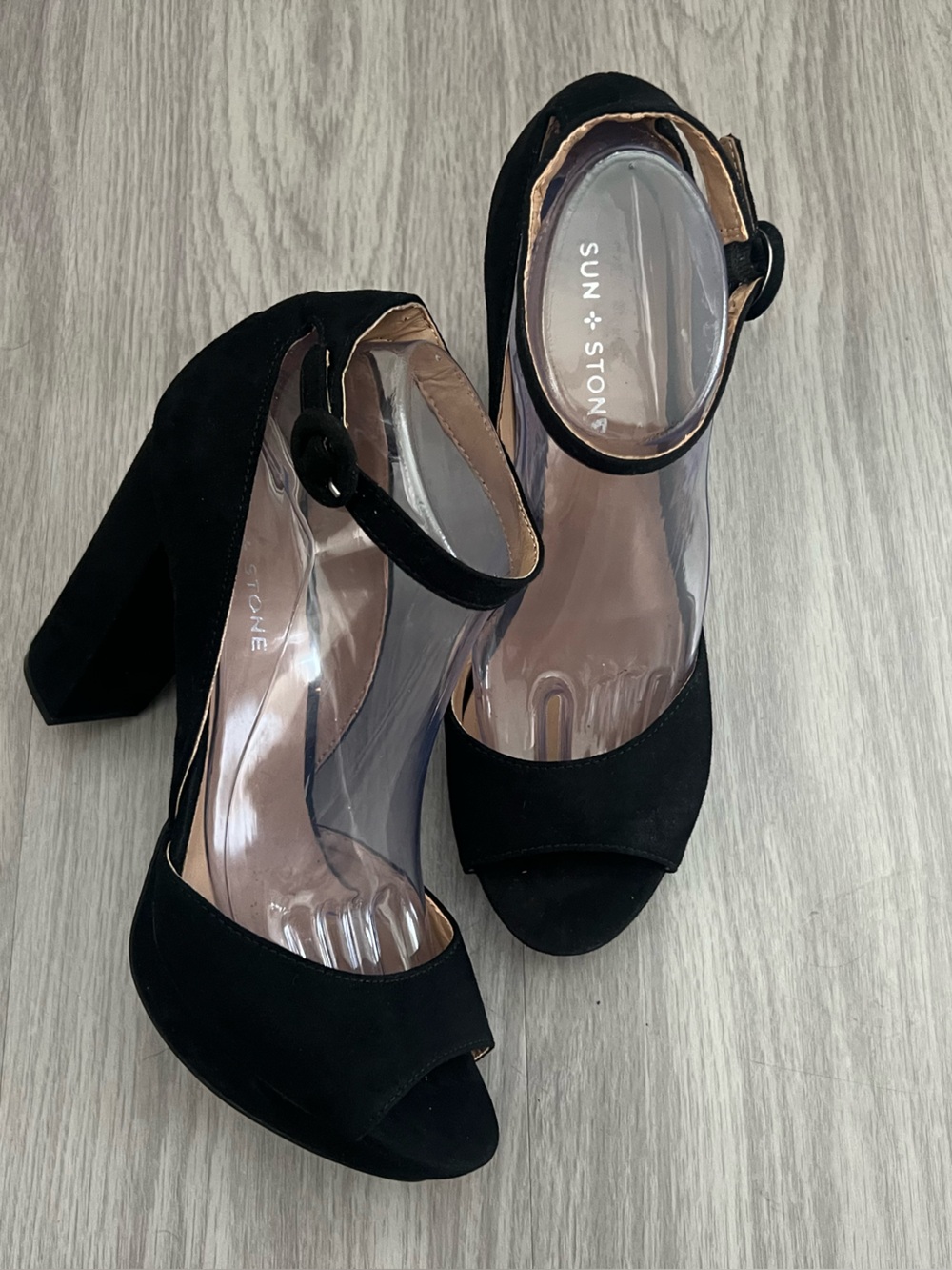 Sun + Stone Black Faux Suede Peep Toe Block Heel Ankle Strap Sandals Women’s 10M